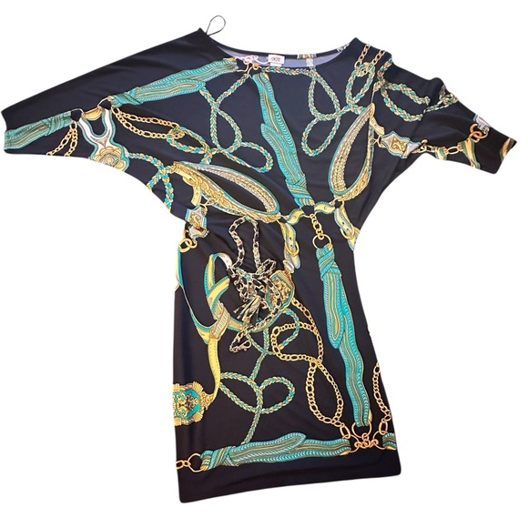 ✨Y2K Cache Dress with Green and Gold Chain Print Size M - Picture 6 of 15